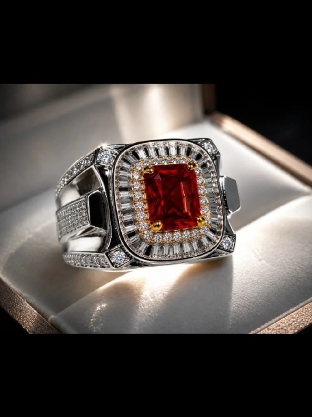 Mens Ring Size 8 Silver Tone With Red Emerald Cut & Cz Crystals